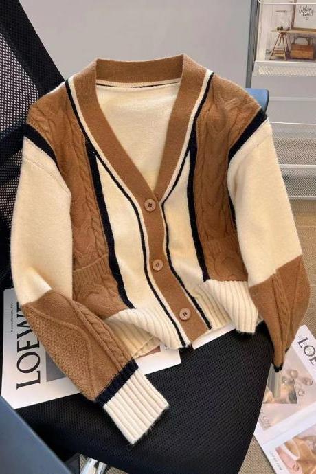 Camel Patchwork Cardigan Women With Pockets Vintage Soft Twist Knitted Sweater Cardigan For Women