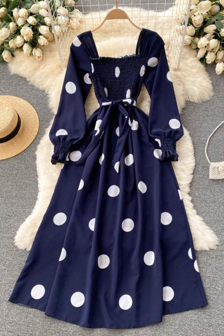 Casual Polka Dot Dress Long Sleeve High Waist Lacing Up Women&amp;amp;#039;s Dress Fashion Long Dress