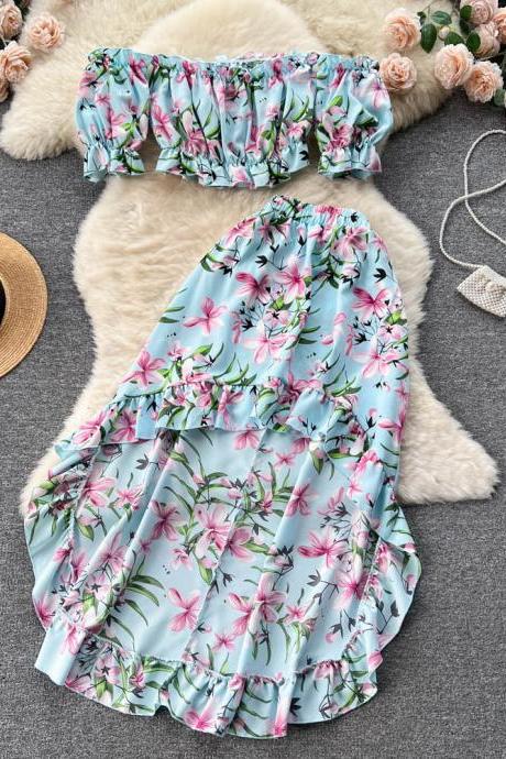 Chic Beach Fashion Women Dress Sets Fashion Sexy Off Shoulders Floral Print Crop Tops + High Waist Ruffled Skirts Suits