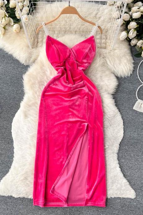 Chic Elegant Pearl Straps Long Party Dress Women Sexy High Split Backless Velvet Bodycon Dress Birthday Vestidos Dress