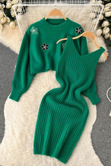 Chic Elegant Women Dress Sets Two Piece Fashion Flower Embroidery Pullover Sweaters + Knitted Mini Dress Suits