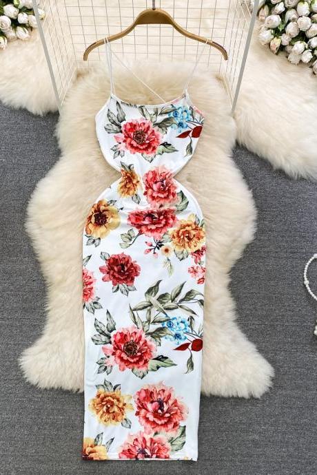 Chic Fashion Women Flower Print Long Dress Strap Bodycon Party Dress Holiday Package Hips Beach Vestidos Dress