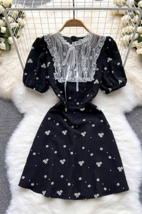 Chic Lace Patchwork Women Princess Black Mini Dress Retro Gothic Floral Print Puff Sleeve Dress