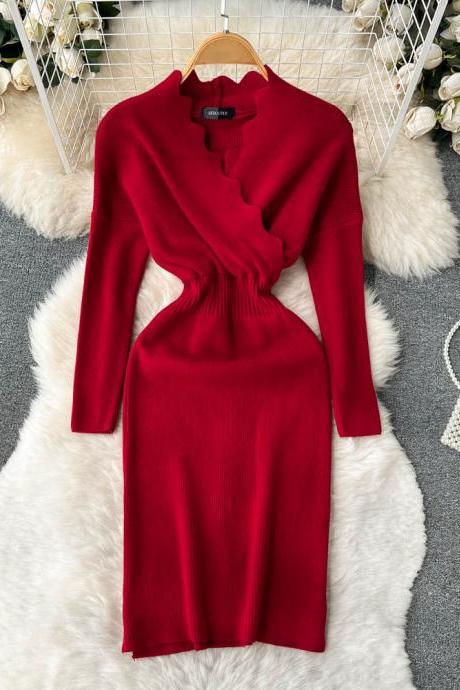 Cross V-neck Elegant Knit Sweater Dress Women Elastic Waist Long Sleeve Office Ladies Dress