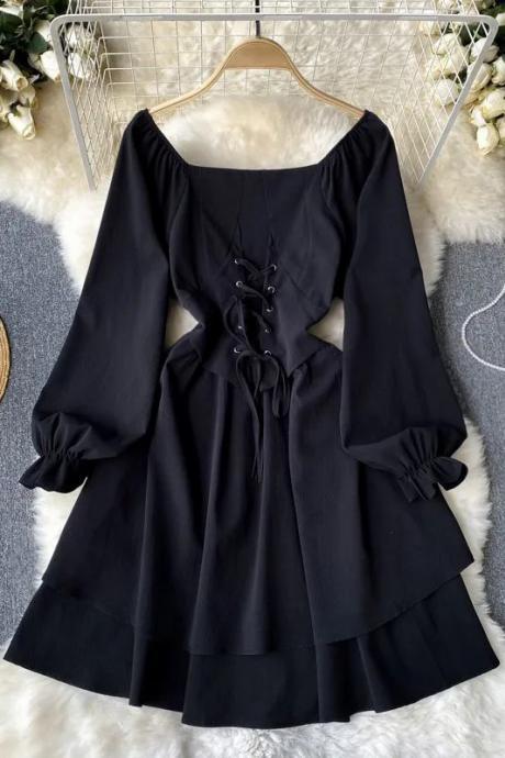 Dress Retro Vintage Gothic Bandage Women Dress Elegant Puff Sleeve Party Dress