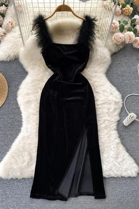 Elegant Black Women Dress Fashion Fur Patchwork Straps Velvet Bodycon Vestidos Lady Party Vestidos Dress