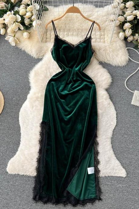 Elegant Lace Patchwork Straps Long Party Dress Women Sexy High Split Velvet Bodycon Dress