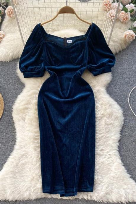 Elegant Puff Sleeve Velvet Party Dress Lady Slim High Waist Package Hips Office Dress Luxury Retro Blue Vestidos Dress