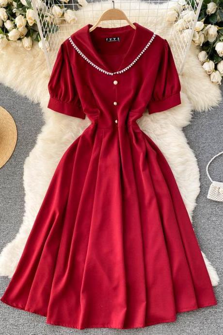 Elegant Solid Women Dress Lady V-neck Buttons Women Midi Dress Short Sleeve Female Red Party Dress