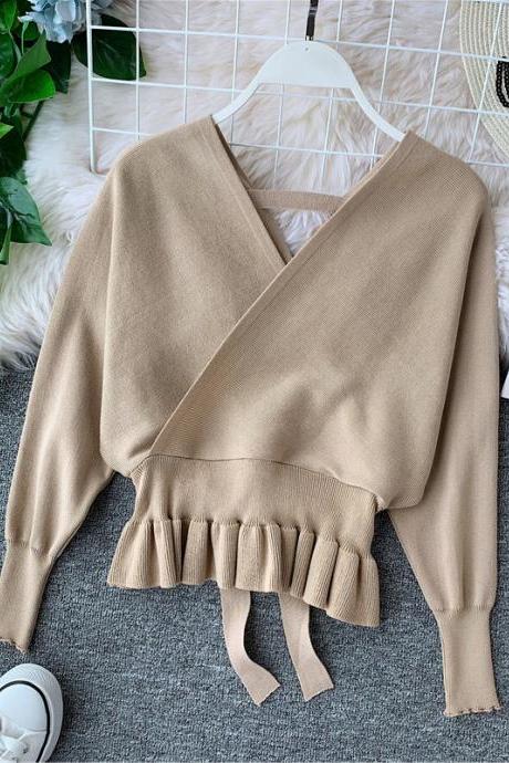 Elegant V Neck Ruffle Sweater Women Fashion Batwing Sleeve Pullover Jumper Knitted Sweater Ladies Office Sweater