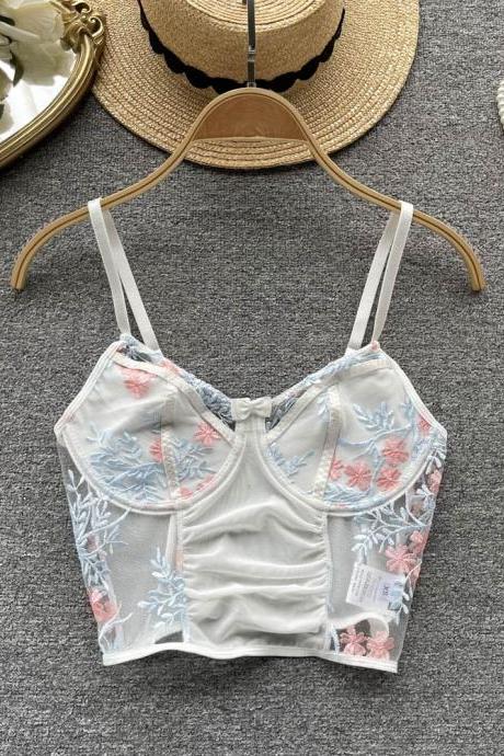 Embroidery Lace Floral Sexy Camisole Women Strap Fashion White Transparents Ladies Slim Sexy Shot Tops