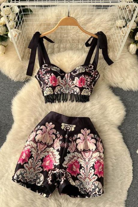 Embroidery Tassel Two Piece Sets Women Striped Camisole Zipper Mini Shorts Retro Court Floral Fashion Suits