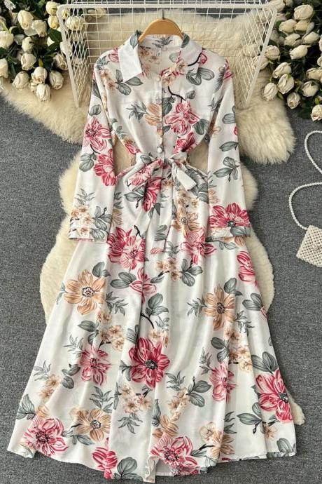 Fashion Colorful Floral Print Full Sleeve Shirt Dress Casual All Match Long Dress
