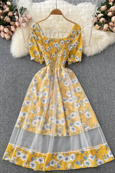 Fashion Daisy Flower Print Patchwork Mesh Dress Two Layers Elegant Vacation Midi Dress