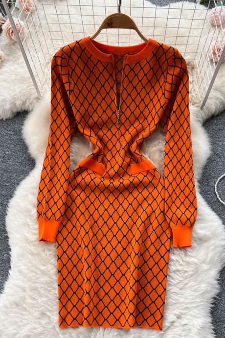 Fashion Geometric Knitted Vestidos Women Casual Long Sleeve Zipper O-neck Short Dress