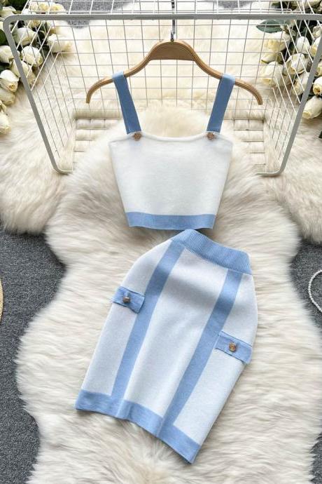 Fashion Knitting Two Piece Sets Women Dress Straps Crop Tops + High Waist Wrap Hips Mini Skirts