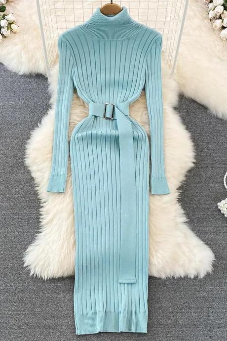 Fashion Long High Split Knit Full Sleeve Dress Ladies Elegant Knit Sweater Dress Women Vestidos