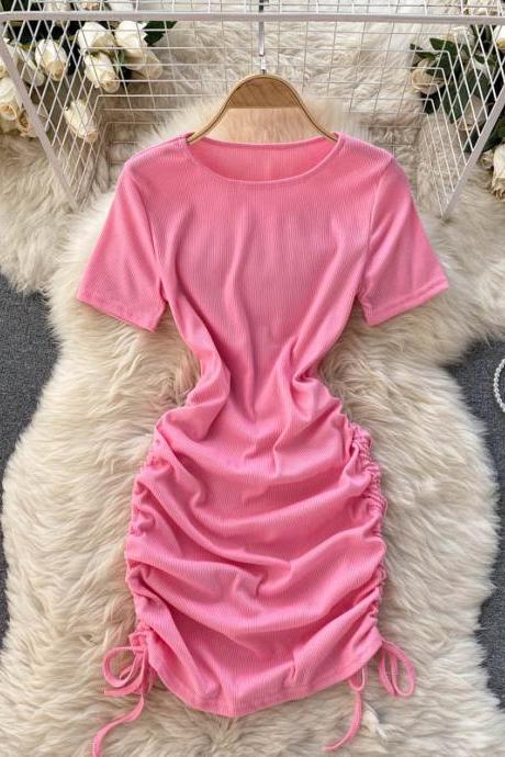 Fashion Ruched Bodycon Party Dress For Women Short Sleeve Casual T Shirt Mini Dress Club Wear Slim Skinny Dresses