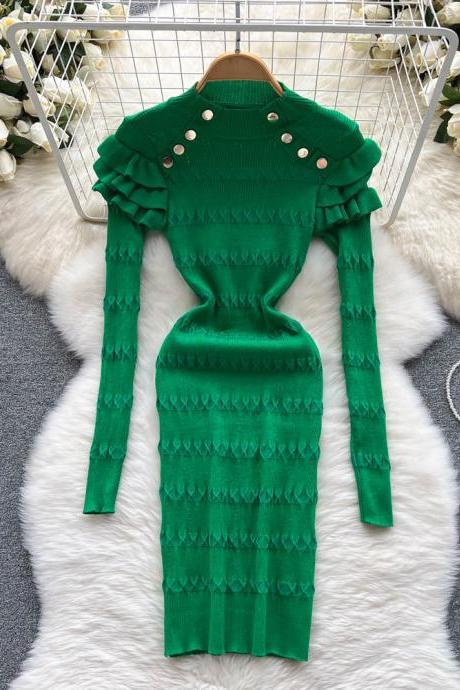 Fashion Ruffled Long Sleeve Dress For Women Slim Elastic Knitted Sweater Dress