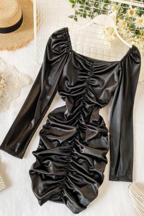 Fashion Satin Ruched Dress Women Sexy Mini Night Club Dress Style Long Sleeve Black Party Dress