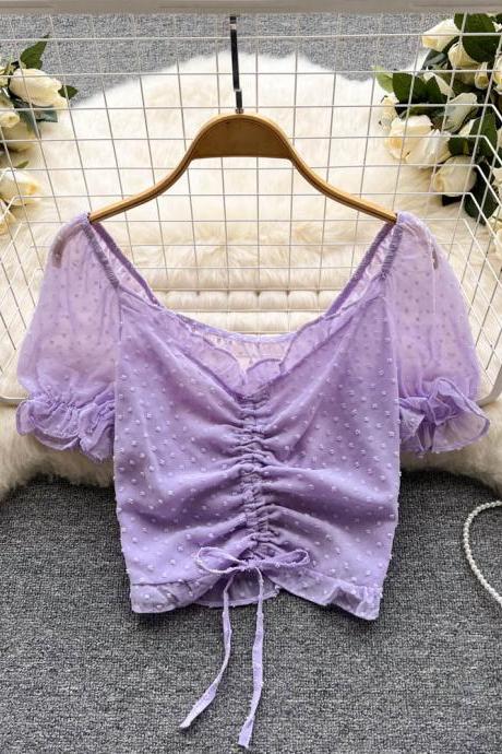 Fashion See Through Breathable Tops Chic Drawstring Ruched Short Women Blouses