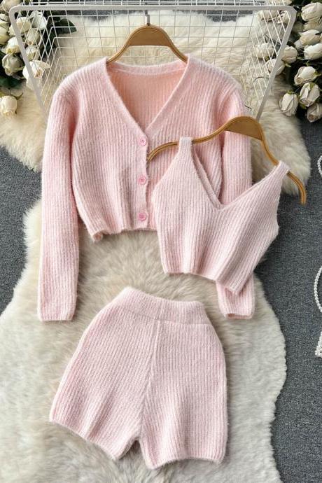 Fashion Three Piece Women Shorts Sets Fashion Crop Tops + Cardigans + Shorts Female Knitted Suit Three-piece