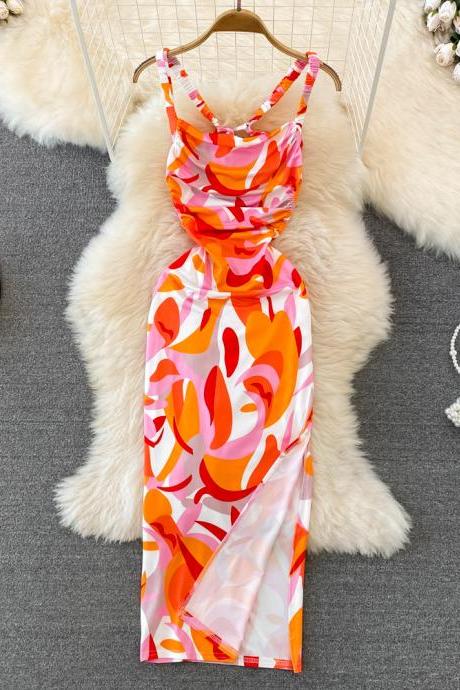 Fashion Women Colorful Print Straps Long Dress Vacation Sexy Bodycon Party Dress