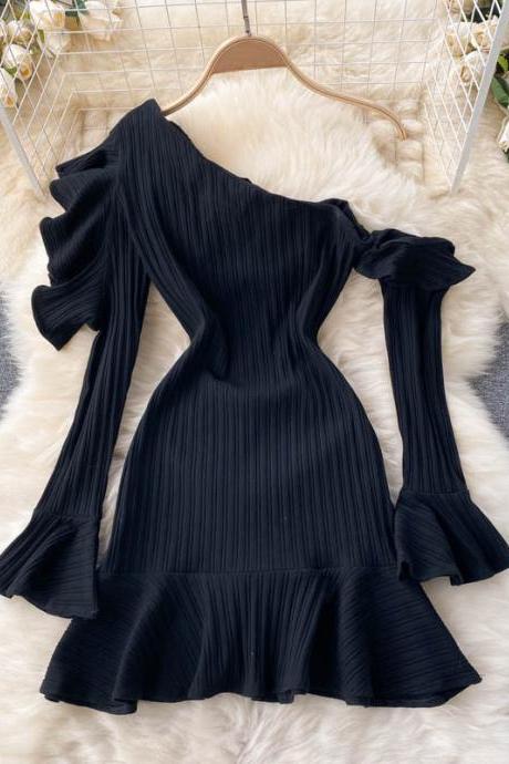 Fashion Women Princess Black Mini Dress Diagonal Collar High Waist Ruffles Dress Flare Sleeve Party Dress