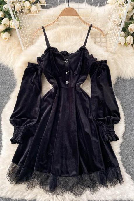 Fashion Women Princess Black Mini Dress Off Shoulders High Waist Lace Patchwork Gothic Dress Party Vestidos