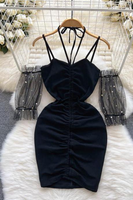 Fashion Women Princess Black Mini Dress Off Shoulders High Waist Lace Patchwork Puff Sleeve Dress