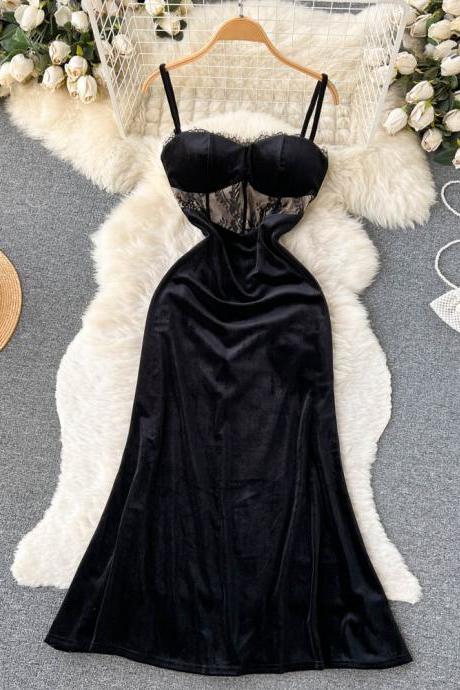 Fashion Women Princess Black Strap Dress Elegant Lace Gothic Velvet Long Dress