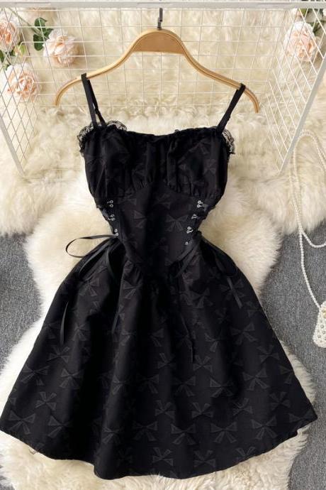 Fashion Women Princess Jacquard Black Dress Sexy Lace Patchwork Gothic Bandage Mini Dress