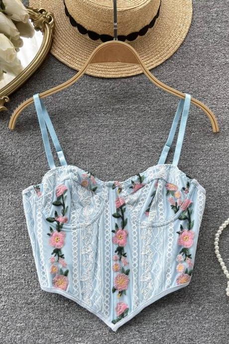Floral Embroidery Lace Sexy Camisole Fashion Women Backless Blue Female Beach Style Crop Tops