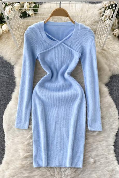 Good Quality Soft Women Dress Clothes Casual Solid Long Sleeve Knitted Bodycon Vestidos Lady Dress