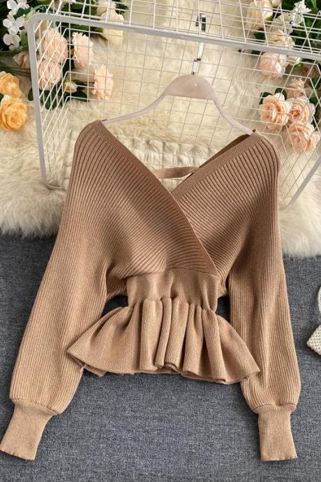 Good Quality Thick Elegant V-neck Ruffled Knitted Pullover Sweater Women Tops Shirt