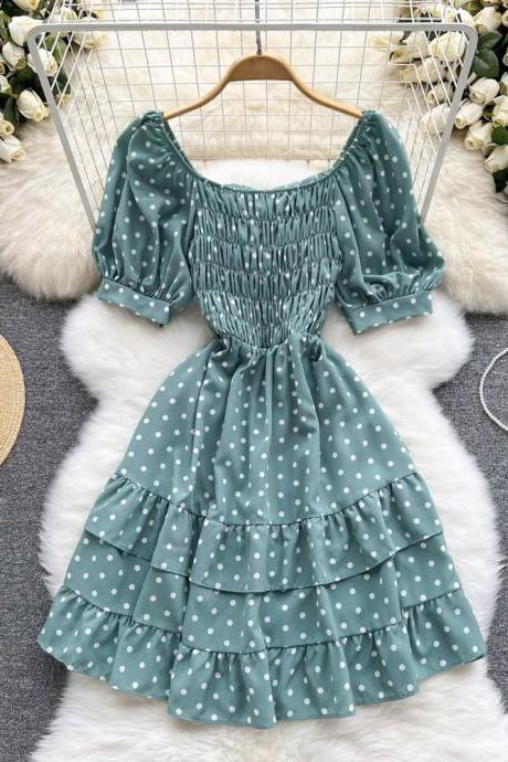 High Fashion Elegant Cascading Ruffles Dress Women Vintage Puff Sleeve Print Polka Dot Short Party Dress