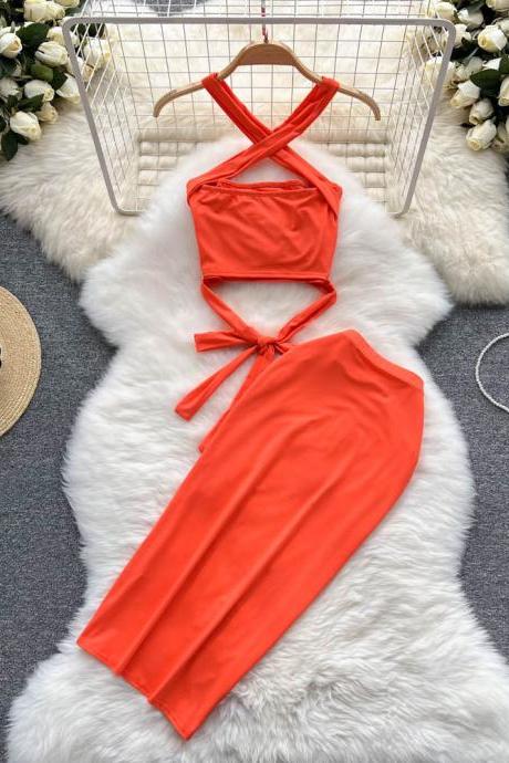 Holiday Beach Two Piece Suits Women Dress Set Bandage Short Tops + Skinny High Waist Wrap Skirts
