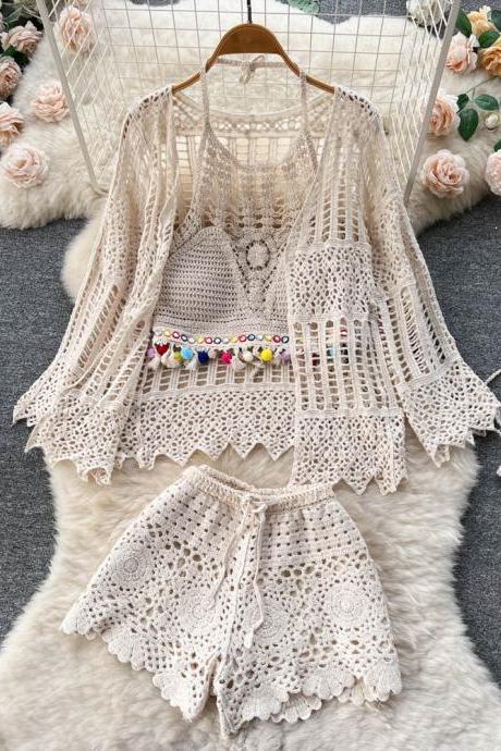 Hook Beach Style Three Piece Sets Women Hollow Out Cardigan Halter Camisole Wide Leg Shorts Vacation Knitted Suits
