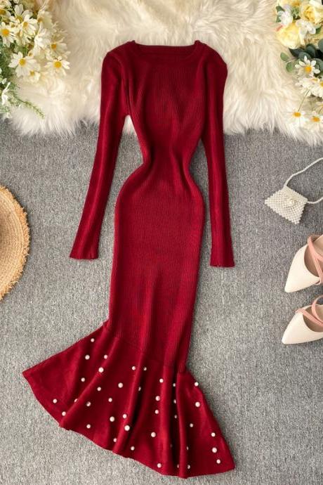 Irregular Beading Ruffle Mermaid Midi Dress Women Elegant Long Sleeve Party Dress Knitted Ladies Dresses