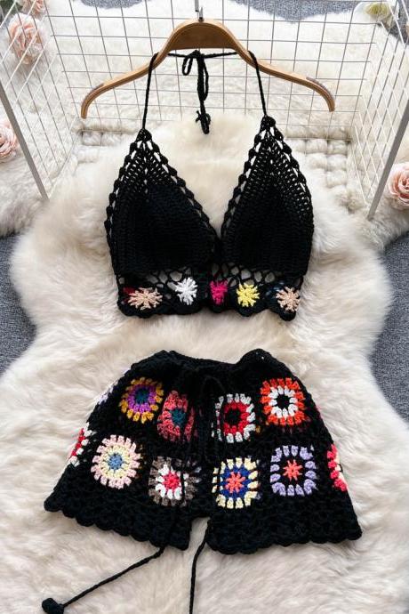 Knit Two Piece Suit Women Backless Camisole Drawstring Mini Shorts Fashion Beach Style Matching Sets