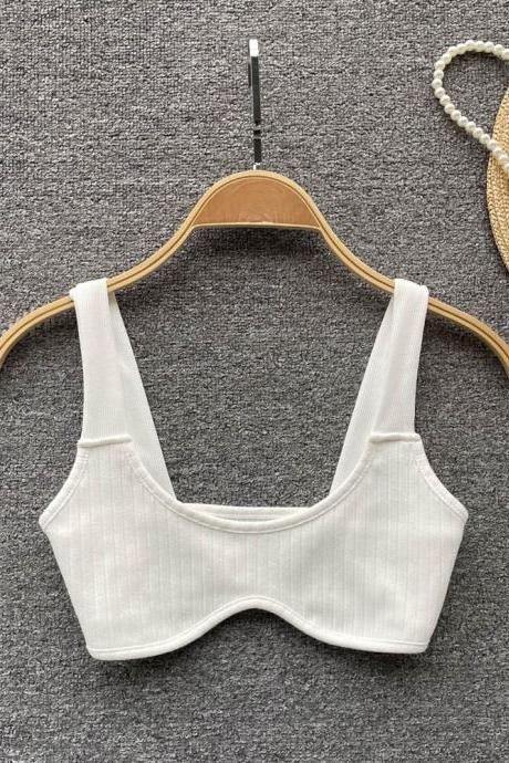 Knitted Camisole Strap Backless Solid Elastic Bra Slim White Fashion Ladies Chic Short Sexy Tank Top