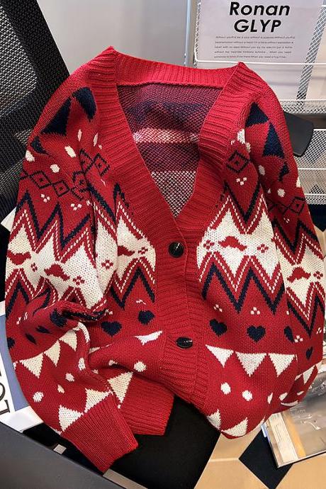 Knitted Cardigan Sweater Women Geometric Knitwear Coat Fashion Outwear Top