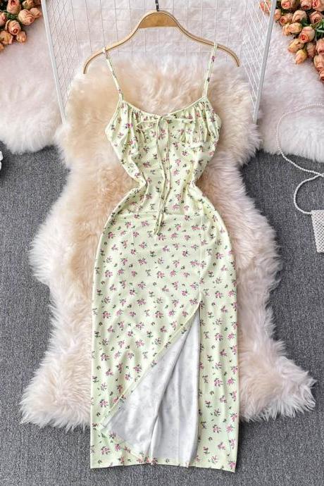 Lace Up Split Thigh Women Dress French Style Elegant Allover Floral Party Dress