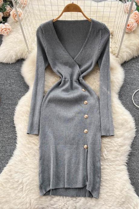 Lady V-neck Buttons Design Split Elegant Dress For Women Long Sleeve Knitted Sweater Dress