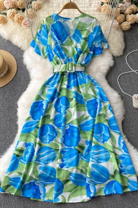 Luxury Print Sash Dress Women Elegant Big Swing Flower Long Dress Vacation Style Dress