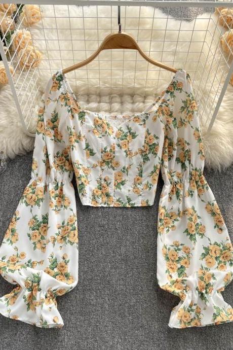Off The Shoulder Floral Blouse Elastic Waist Ruched Slim Long Sleeve Tops Women Style Print Short Beach Blouses