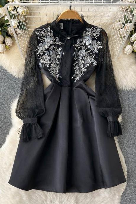 Patchwork Mesh Sequins Design Dress Women Zipper Lace Fashion Retro Ladies Slim A Line Party Dresses