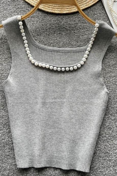 Pearl Tank Tops Women O Neck Fashion Short Camisole Ladies High Street Elastic Waist Knit Camis