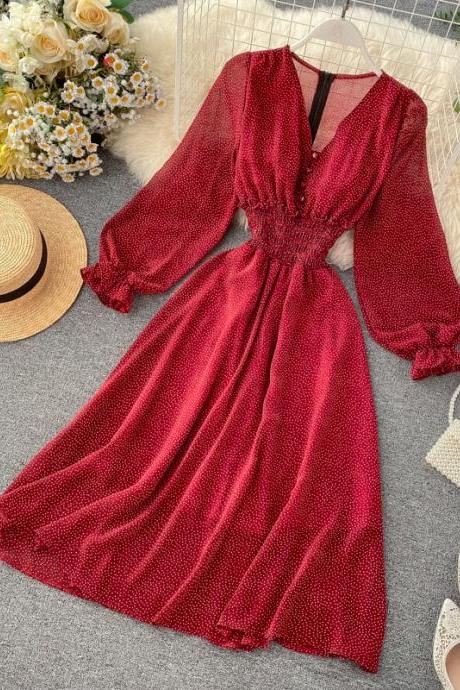 Polka Dot Dress Women Red V Neck Long Party Dress Lantern Sleeve Slim Waist Chiffon Dress Sundress Vestidos