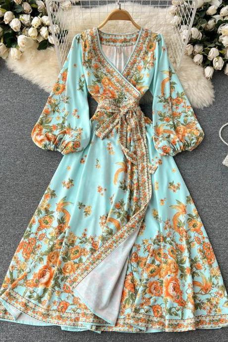 Romantic Floral Print Sash Bandage Long Dress Women Vintage Elegant Puff Sleeve Party Dresses